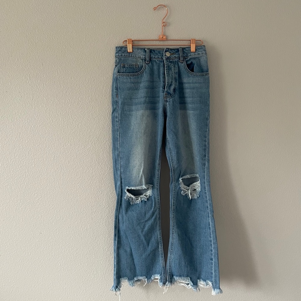 Forever 21 frayed distressed flare jeans